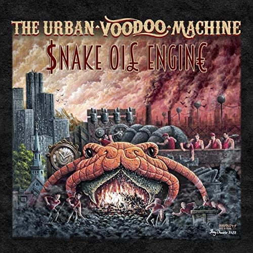 Album cover art showing a giant snake head over a fire in an industrial city.