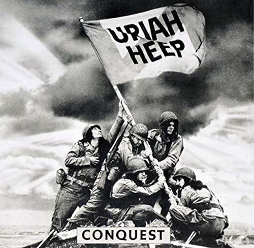 "Black and white vinyl album cover with soldiers raising a Uriah Heep flag."