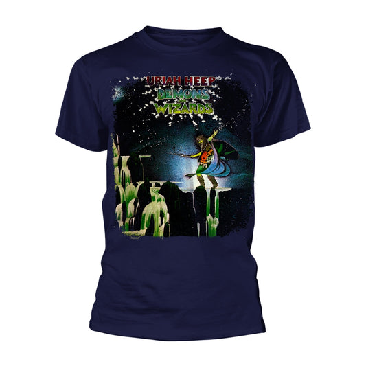 Navy t-shirt featuring the album cover art for Uriah Heep’s “Demons and Wizards”.