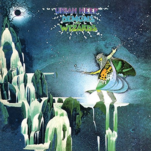 Album cover of "Uriah Heep - Demons and Wizards" with a mystical landscape and figure.