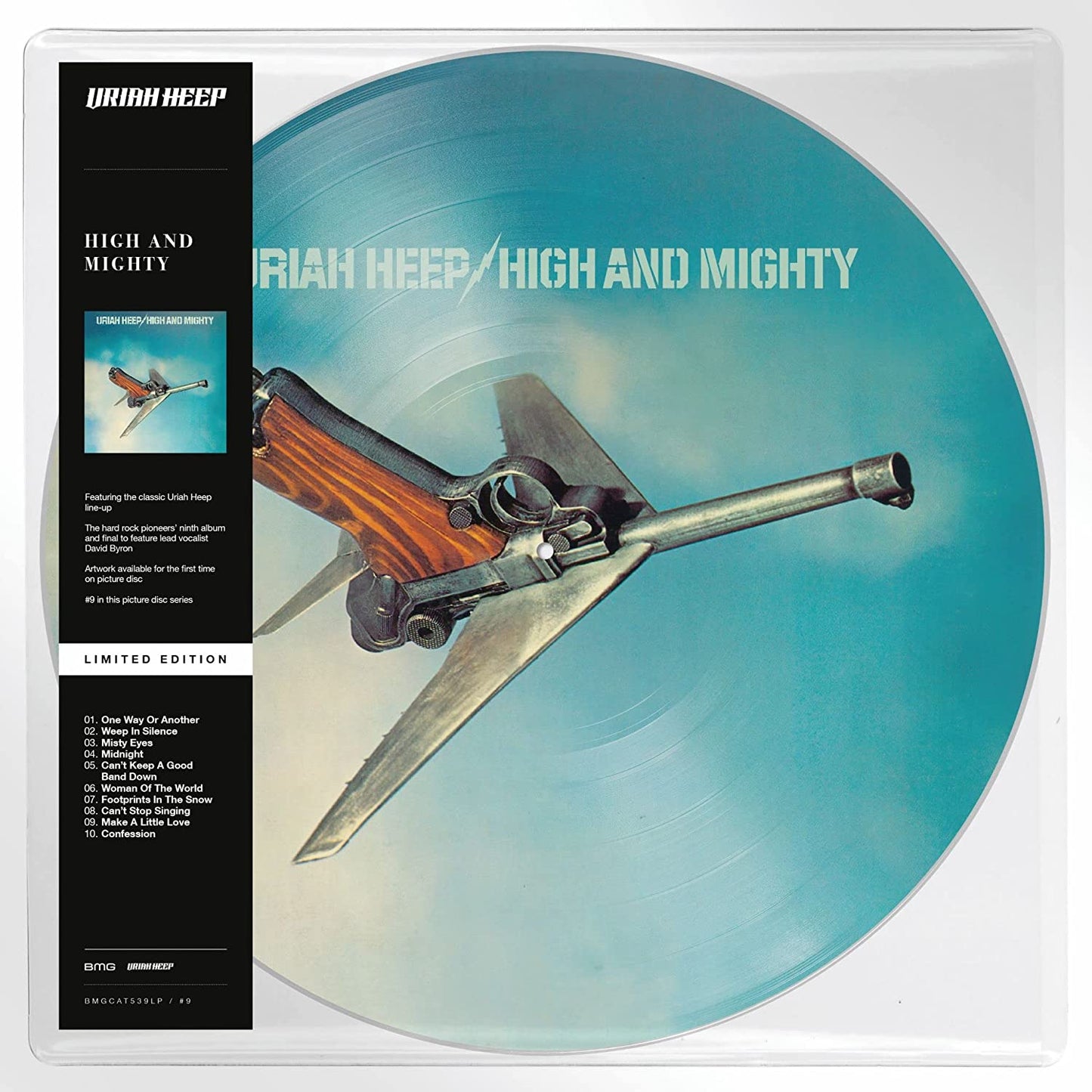 "Uriah Heep - High and Mighty vinyl record with blue picture disc and black sleeve."