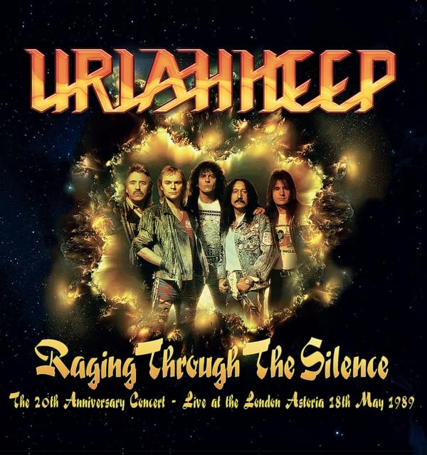 Uriah Heep band portrait with fiery, star-filled background and album title.