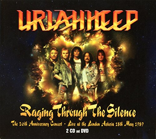 Uriah Heep band members framed by a fiery glow on a dark background.