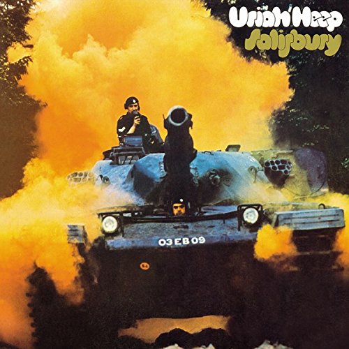 "Uriah Heep's 'Salisbury' vinyl album cover featuring a tank surrounded by smoke and flames."