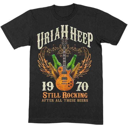 Black t-shirt with Uriah Heep band logo, guitars, and beer bottles.