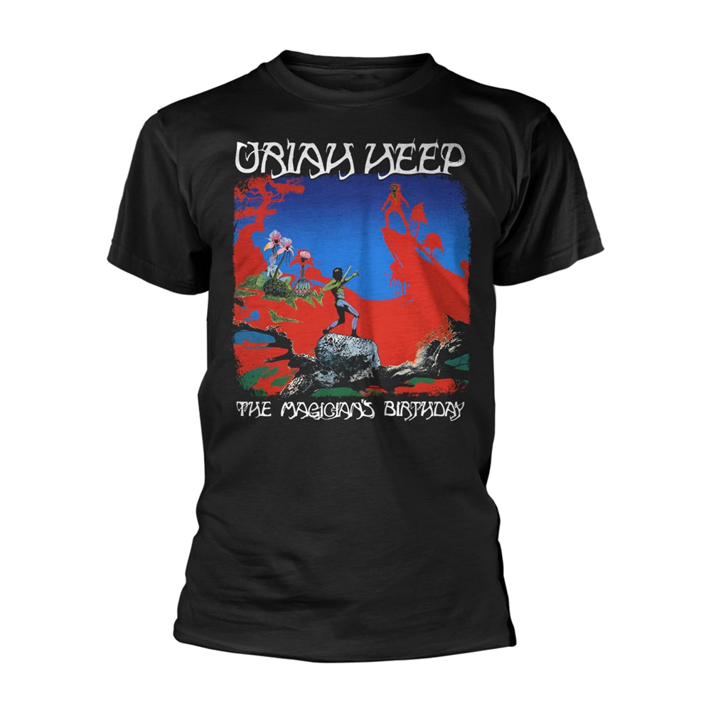 Black t-shirt featuring the album art for Uriah Heep’s “The Magician’s Birthday.”