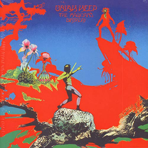 "Uriah Heep's 'The Magician's Birthday' vinyl album cover featuring fantastical, surreal landscape illustration."