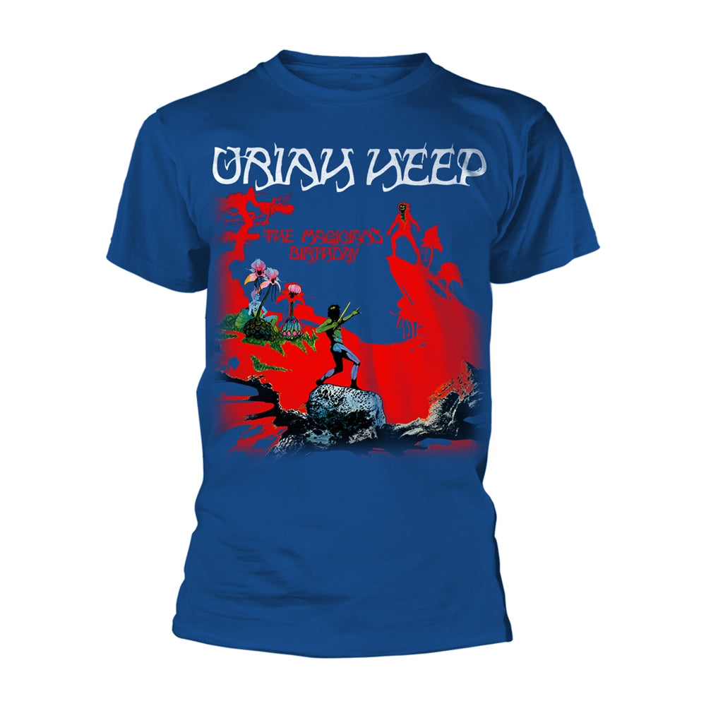 Blue t-shirt featuring the album cover art for Uriah Heep’s “The Magician’s Birthday.”