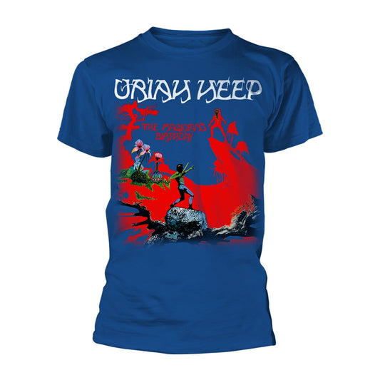 Blue t-shirt featuring the album cover art for Uriah Heep’s “The Magician’s Birthday.”