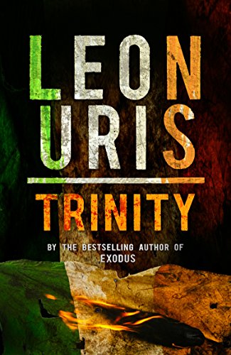 "Book cover with 'LEON URIS TRINITY' in large text, flames, and Irish flag colors."