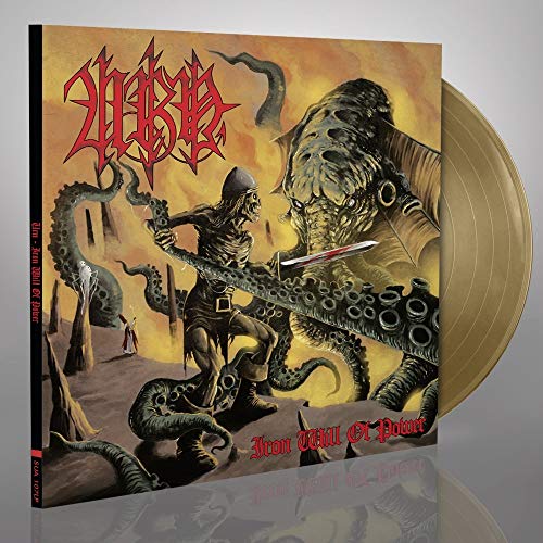 Gold vinyl record with dark fantasy album art of a warrior and tentacles.
