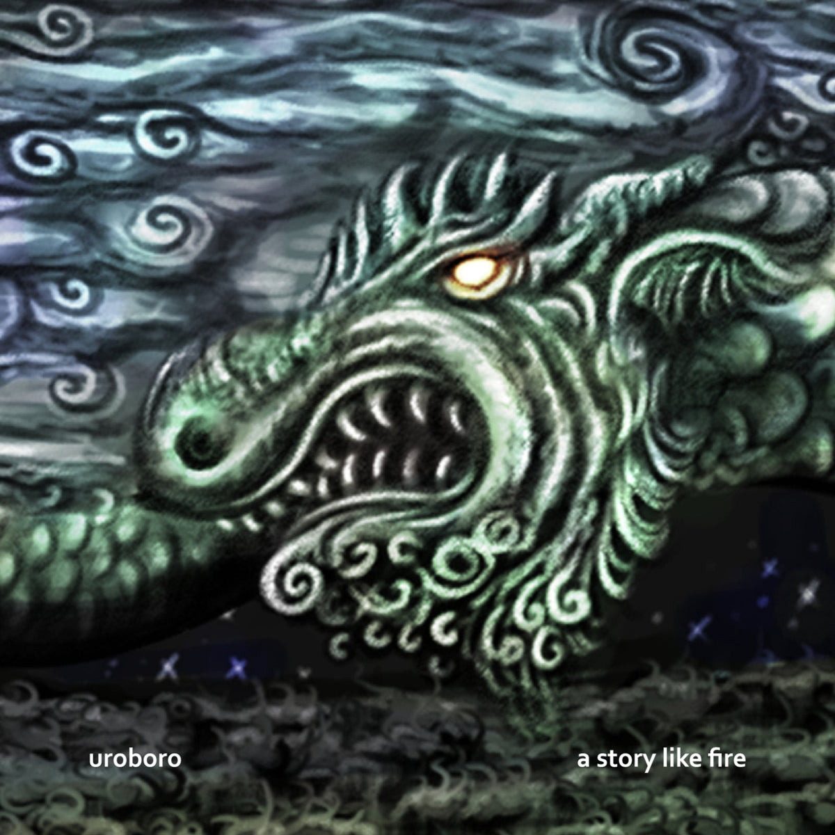 Painted image of a green, swirling dragon’s head with a glowing eye.