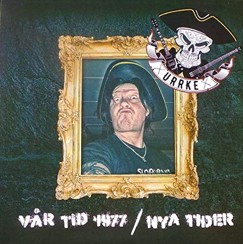 A man in a pirate hat inside a gold frame with a skull logo.
