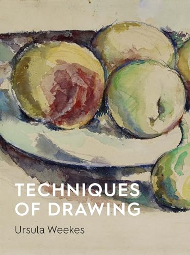 Watercolor still life of fruit with book cover text “Techniques of Drawing”.