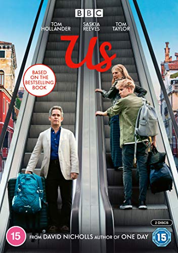 DVD cover art for Us featuring three people on an escalator with luggage.