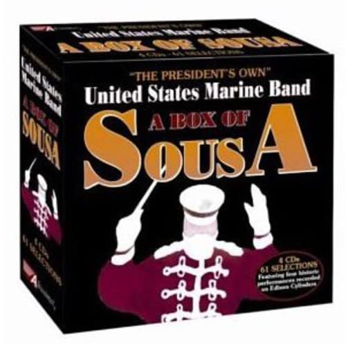 CD box set, "A Box of Sousa" by the US Marine Band, black background.
