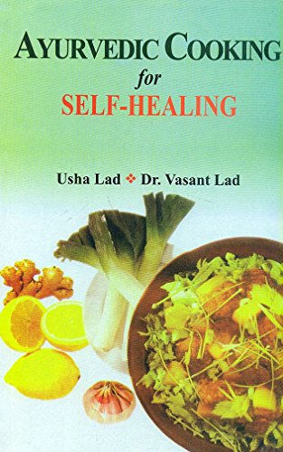 Book cover: “Ayurvedic Cooking for Self Healing” with food illustrations.