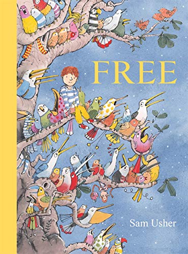 Book cover with a boy among many colorful birds in a tree.
