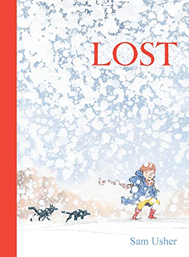 Book cover: snowy scene with a child and two dogs, titled "LOST".