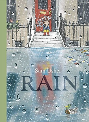 A child with an umbrella sits on steps in the rain, with a duck below.