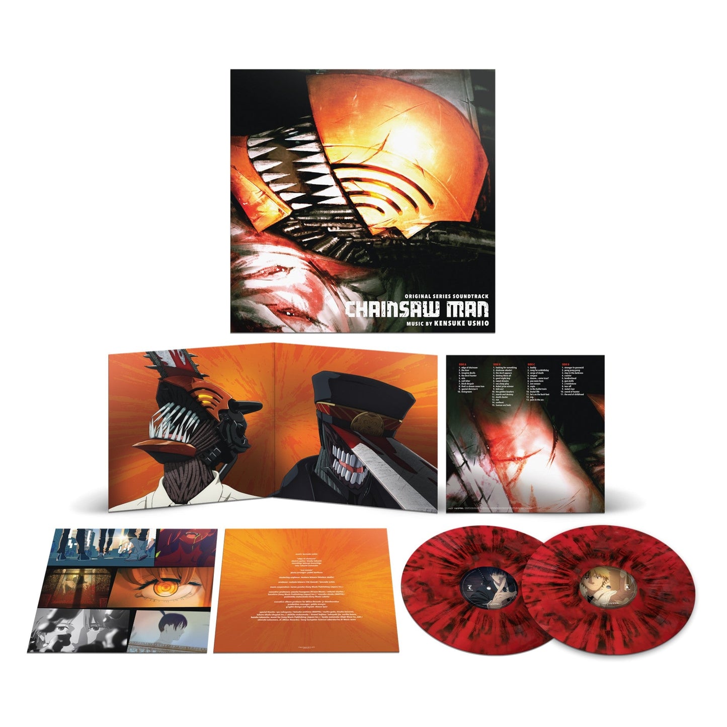 Chainsaw Man vinyl soundtrack with gatefold cover, tracklist insert, and red-black marbled vinyl discs.
