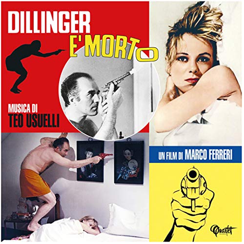 Vinyl record cover for Dillinger E' Morto featuring film stills, a woman, and a gun.