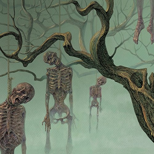 Dark fantasy album cover depicting skeletal figures hanging from gnarled trees.