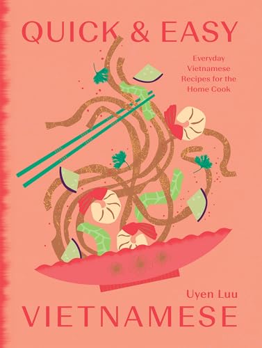 Book cover with illustration of noodles, shrimp, and chopsticks on a peach background.