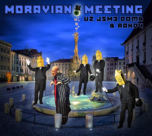Four figures in suits with paper bag heads and one man in a striped robe.