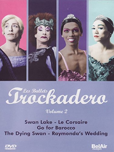 "DVD cover featuring four male ballet dancers dressed as ballerinas against colored backgrounds."