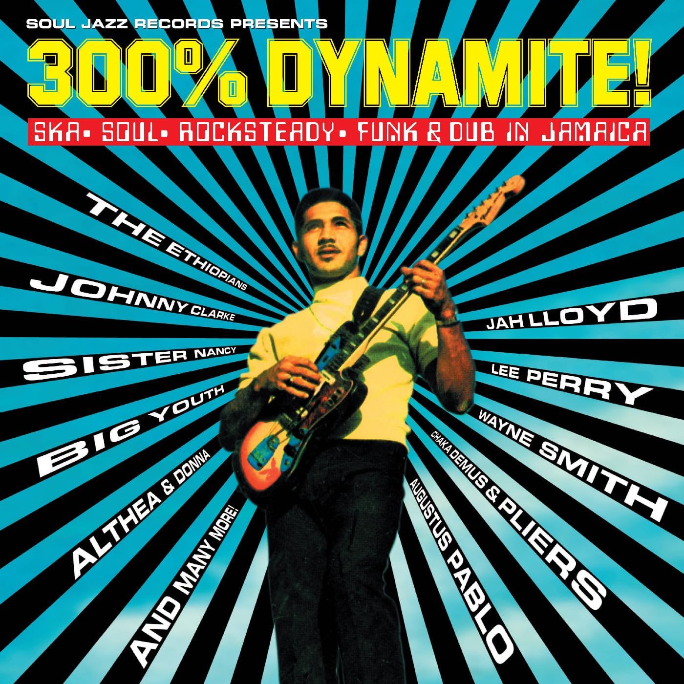 Vinyl record cover featuring Jamaican musicians against a vibrant, radial background.
