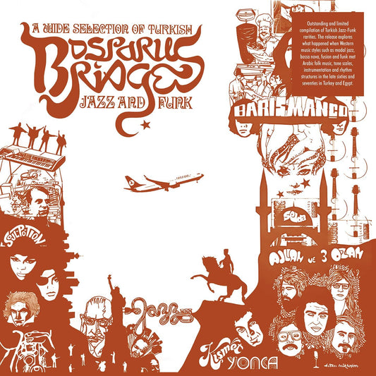 Vinyl record cover with collage of musicians, planes, and Turkish imagery.