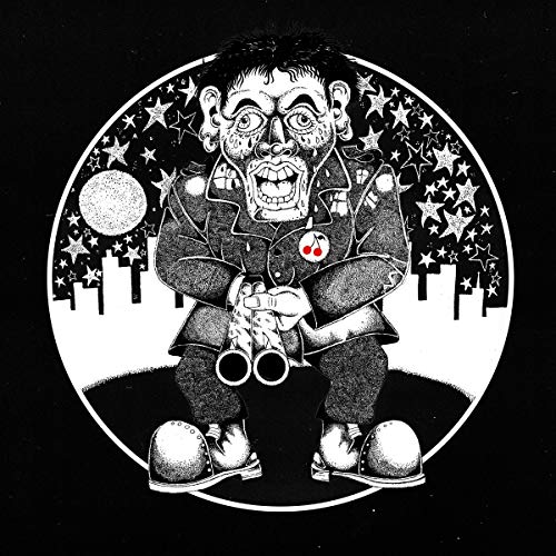 Black and white illustration of a crouching figure with stars and a moon.