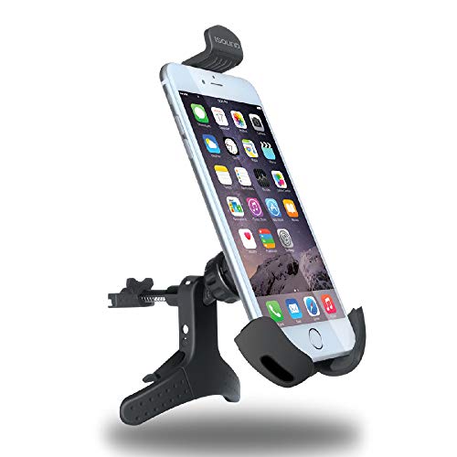 Black smartphone car mount with adjustable clamp, angled view.