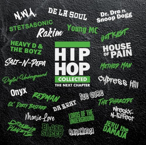 Hip hop artists’ names in white text on a textured black background.