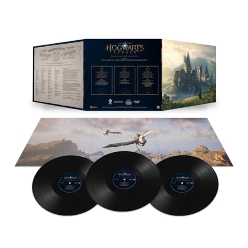 Hogwarts Legacy vinyl soundtrack: three black records and box art displayed.