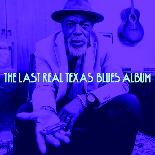 Blues album cover featuring a man with a harmonica and guitar.