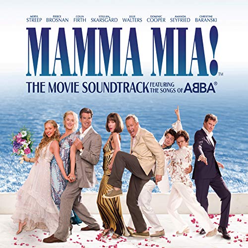 “Mamma Mia!” movie soundtrack CD cover with cast photo and blue ocean backdrop.