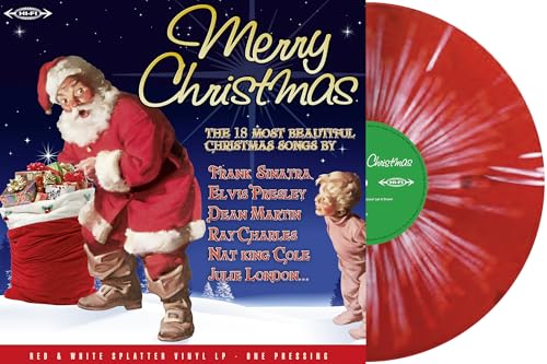 Merry Christmas vinyl record cover featuring Santa Claus next to a red splatter disc.
