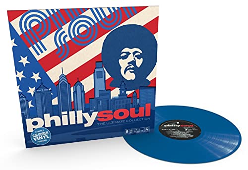 Blue vinyl record with album cover featuring a man and city skyline.