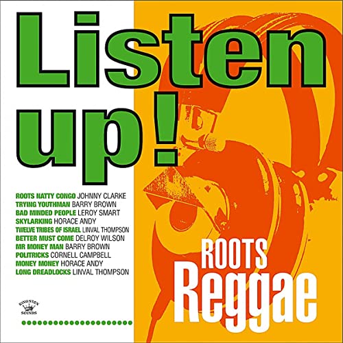 CD cover for “Listen Up! Roots Reggae” featuring a Rasta portrait.