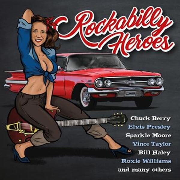 Rockabilly Heroes vinyl album cover with woman, car, and guitar.