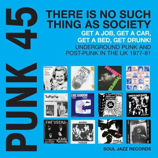 Blue album cover featuring text Punk 45 and a grid of vintage punk record sleeves.
