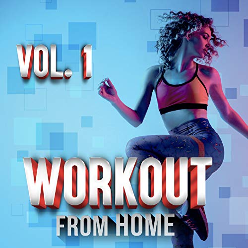 CD cover: woman exercising, blue and white geometric background, text "Workout From Home Vol. 1".