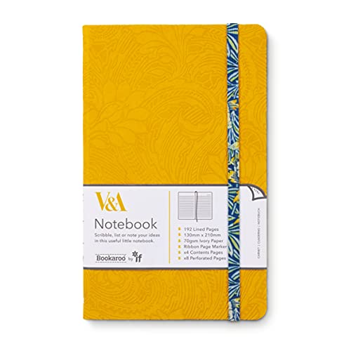 Yellow A5 notebook with blue floral spine and "V&A" logo.