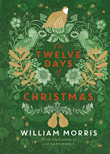 Green book cover with floral design and illustrated birds, “The Twelve Days of Christmas”.