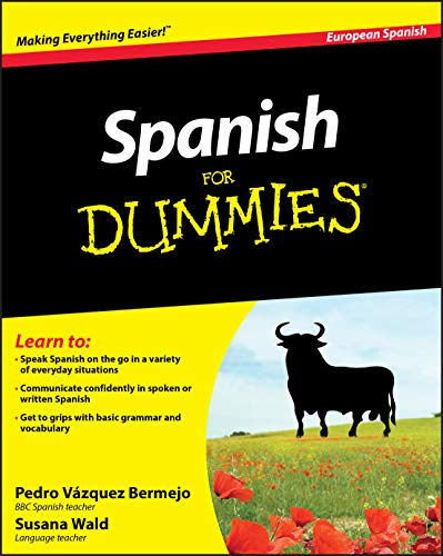 The cover of Spanish For Dummies featuring a black bull silhouette in a poppy field.