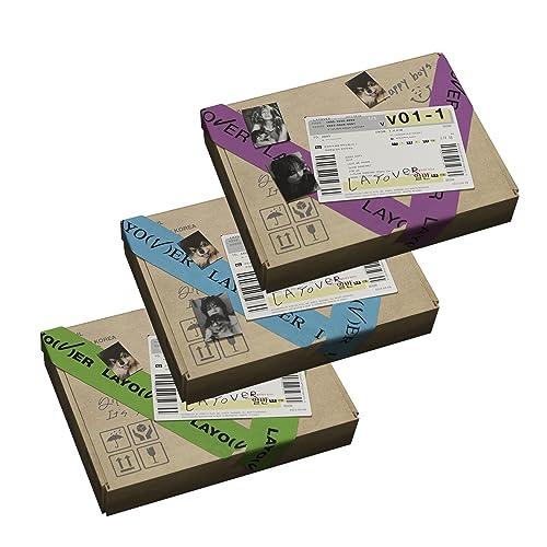Three brown cardboard boxes with colorful tape and V (BTS) imagery.