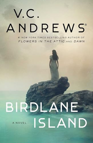 Book cover: woman in white dress stands on rocky island.