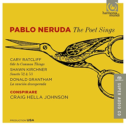 CD cover for Pablo Neruda’s “The Poet Sings” featuring golden scissors.